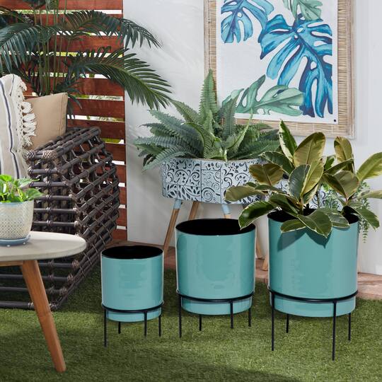 Teal Metal Contemporary Planter Set